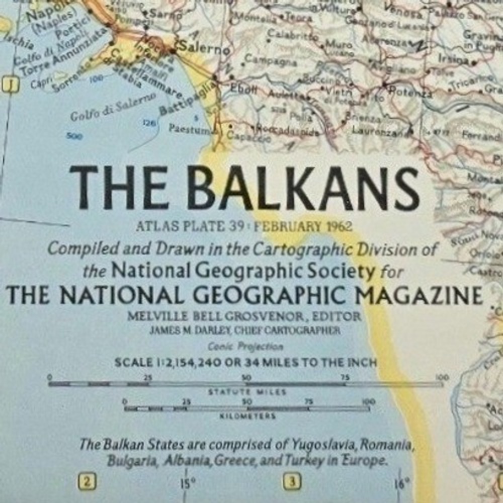 Vintage 1962 National Geographic Map The Balkans Italy Atlas Plate 39 Decor